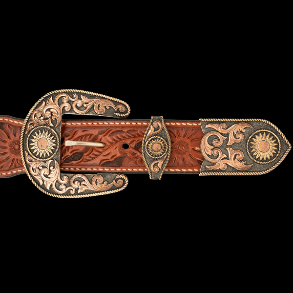 Santa Fe, Our 3 Piece, "Santa Fe" is the buckle of any cowgirl's dreams. Built on an antiqued, German Silver base, detailed with copper scrolls, and be